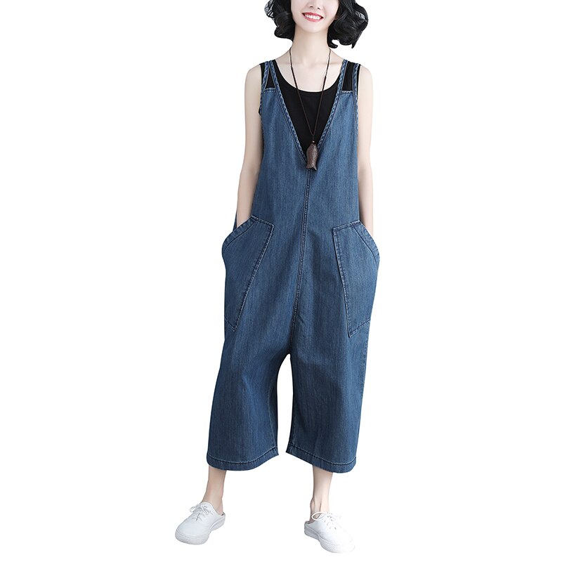 #4025 Spring Autumn V-neck Sleeveless Woman Jean Jumpsuit Solid Loose Overalls Ladise Fashion Wide Leg Big Size Jumpsuit Lady 4