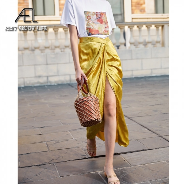 AEL Asymmetric High Split Skirt Woman Retro Long Satin Skirt Wrap Hip 2020 Summer Femme Midiskirt Elegant Slim High Waist 1 Excessive Cut up Skirt Girl Retro Lengthy Satin Skirt