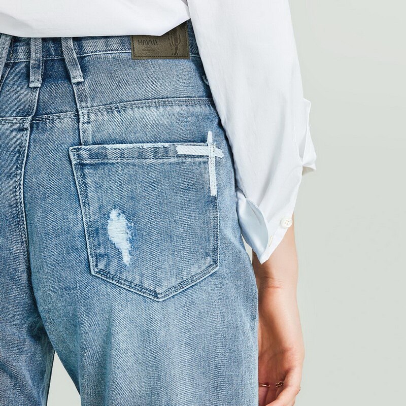 HAVVA 2020 New Women’s Retro Washed Old Straight Denim Long Jeans Female Loose Slim Denim Pants K4973 4