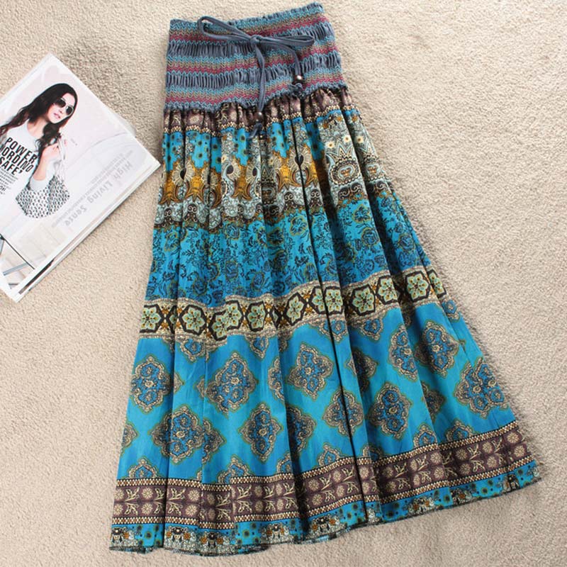 High Waist Boho Floral Women Long Skirt Pleated A-line Elastic Sashes Vintage Women’s Skirts 2020 Spring Summer Fashion Clothes