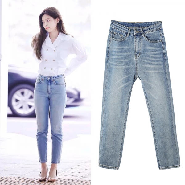 kpop Korean Celebrity same 2020 Light blue Straight jeans women slim stretch nine pants Korean streetwear high waist denim pants A pair of Kpop Korean Celeb-Inspired Light Blue High-Waist Straight Denim Pants, featuring slim stretch fabric, bleached detailing, and button fly closure, ideal for casual streetwear.