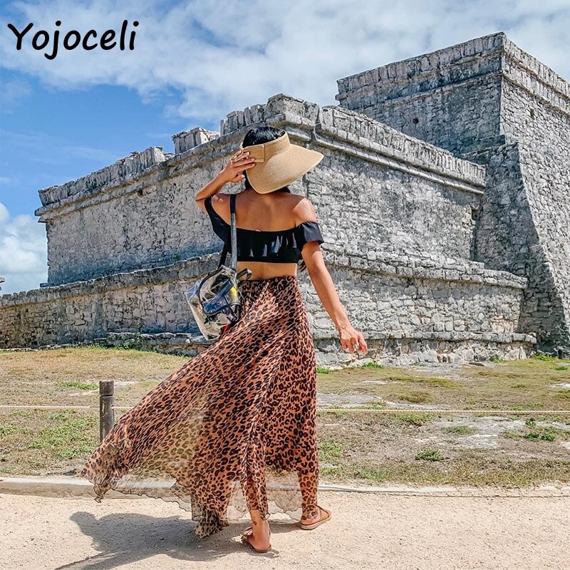 Yojoceli leopard chiffon skirt backside girls lengthy skirt