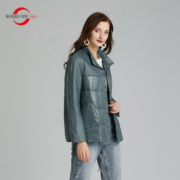 MODERN NEW SAGA 2020 Spring Women Jacket Thin Cotton Padded Jacket Autumn Women Coat Standed Collar Puffer Jacket Women Green 1 NEW SAGA Spring Girls Jacket - Standed Collar Puffer Jacket
