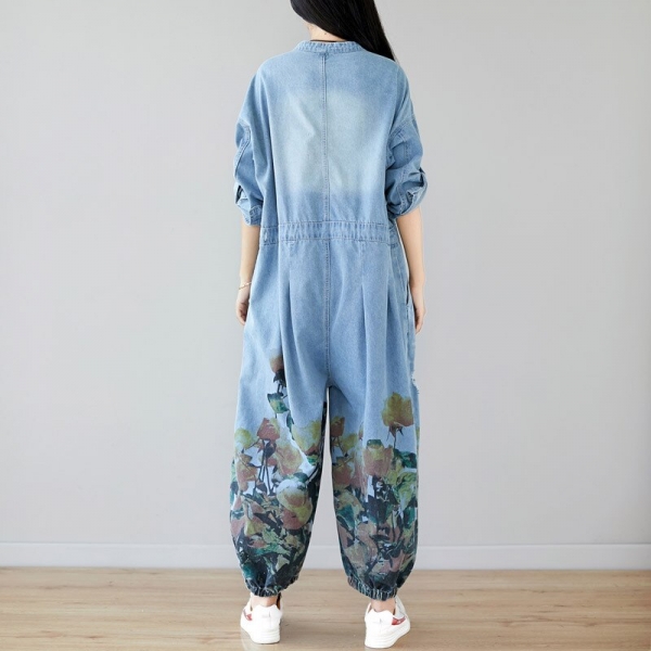 Plus Size Jeans Woman High Waist Long Sleeves Rompers Womens Jumpsuit Cotton Denim Overalls O-neck Print Loose Pantalon Femme 1 Denims Girl Excessive Waist Lengthy Sleeves Rompers