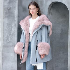 Actual Raccoon Fox Fur Collar hooded Girls Down Jacket