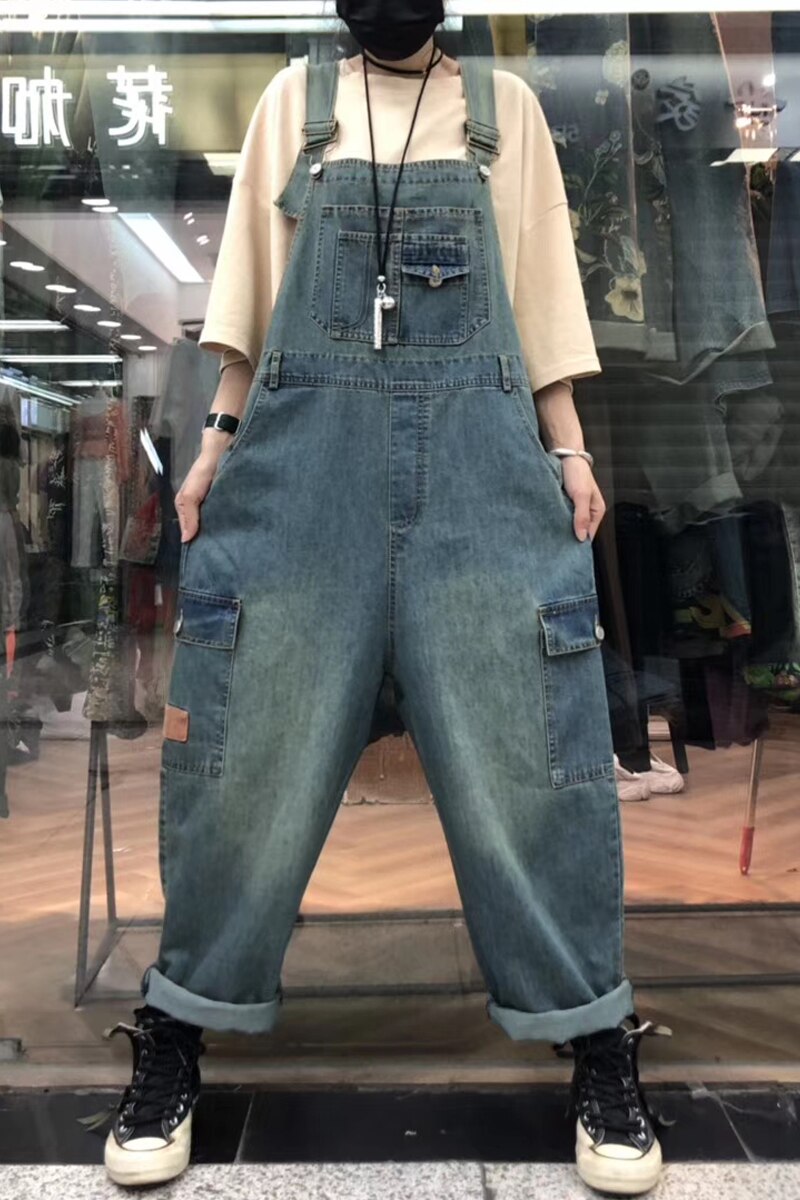 Cargo jean jumpsuits Women Straps Bib Wide Leg Denim Trousers Big size Drop Crotch Overalls Streetwear Style pocket Blue Rompers 3