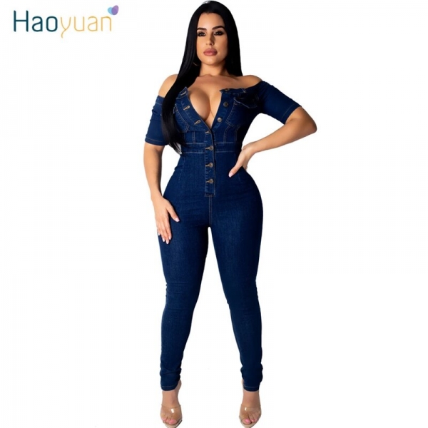 ZOOEFFBB Sexy Off Shoulder Denim Rompers Women Jumpsuit Elastic Fashion Clothes Body Overalls One Piece Bodycon Jean Jumpsuit Off Shoulder Denim Rompers Ladies Jumpsuit Elastic