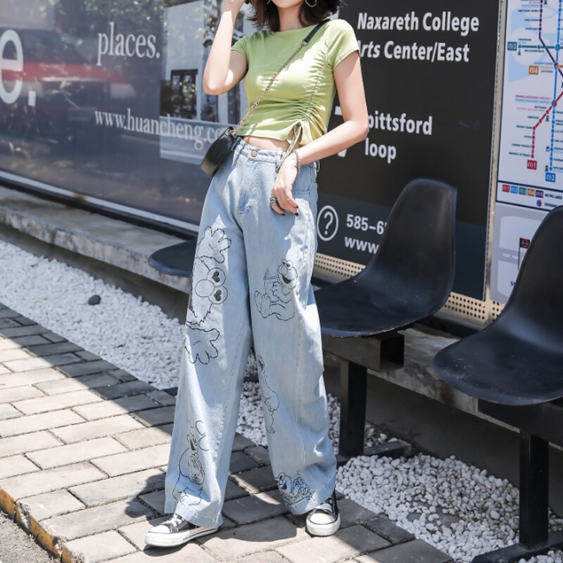 Vintage Washed Korean Long High Waisted Wide Leg Jeans For Women Cartoon Print Baggy Straight Jeans Female Loose Boyfriend Jeans 1