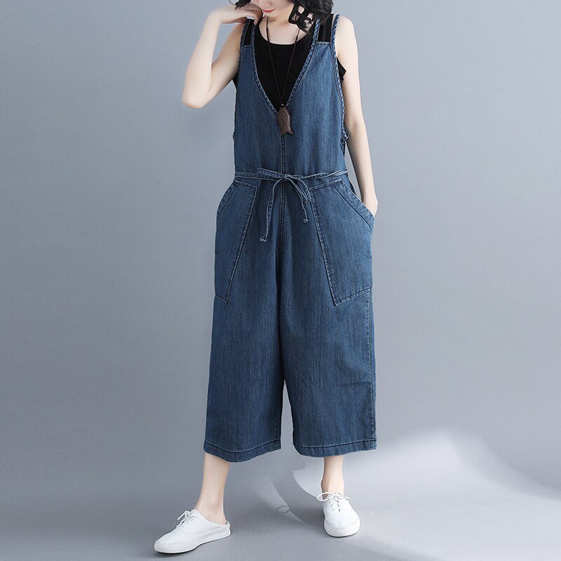 #4025 Spring Autumn V-neck Sleeveless Woman Jean Jumpsuit Solid Loose Overalls Ladise Fashion Wide Leg Big Size Jumpsuit Lady 3