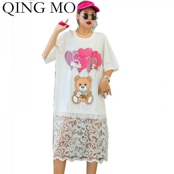QING MO Loose Women Cartoon Dress With Beading Women Mesh Patchwork Dress Female Summer T Shirt Dress Black White ZQY4364 1 Loose Ladies Cartoon Dress with Beading - Black and White