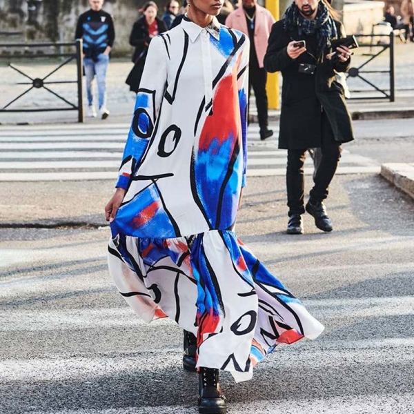 Ladies Graffiti Printed Gown Kaftan Lapel Shirt
