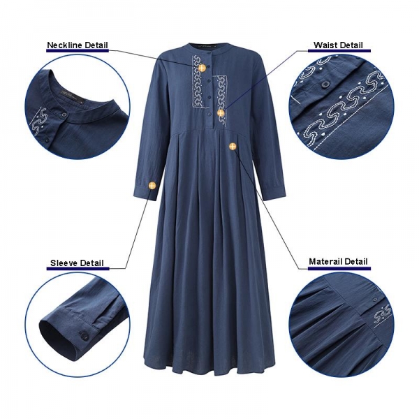 2020 ZANZEA Autumn Long Sleeve Sundress Women Casual Cotton Linen Kaftan Vintage Embroidery Work Long Shirt Dress Female Robe 3 Cotton Linen Kaftan Classic Embroidery Work Lengthy Shirt
