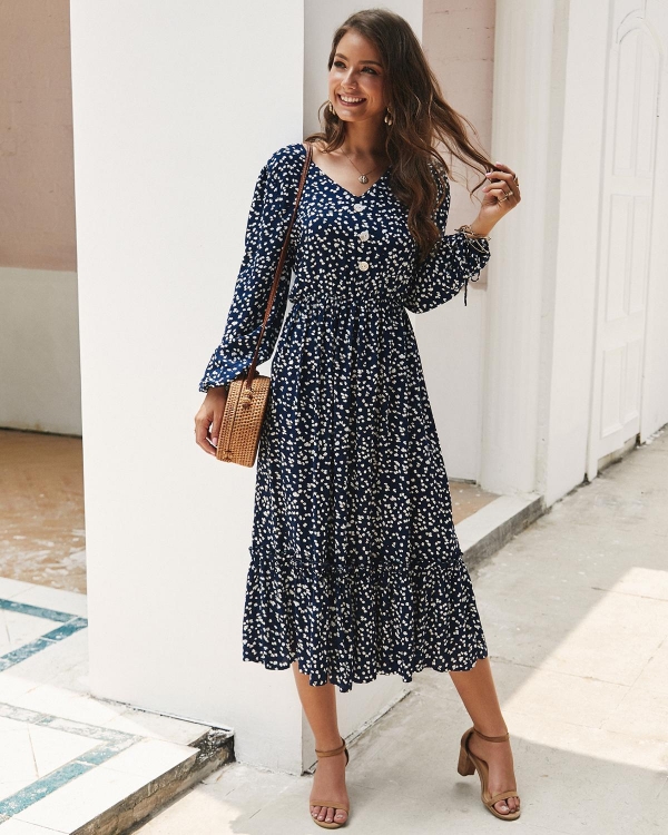ZITY Classic Floral Print Maxi Gown Girls Boho Lengthy Sleeve