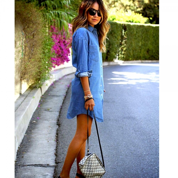 Women Denim Dresses Autumn Fashion Turn Down Collar Mini Dress Lapel Long Tops Shirt Ladies Long Sleeve Holiday Mini Dress S-2XL 1 Trendy Denim Mini Dress with Flip Down Collar – S-2XL