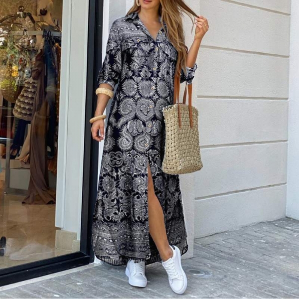 VONDA Women Dress 2020 Summer Vintage Printed Lapel Neck Party Maxi Dress Casual Long Sleeve Shirt Dresses Bohemian Vestidos 5XL VONDA Girls Gown Summer season Classic Printed Lape