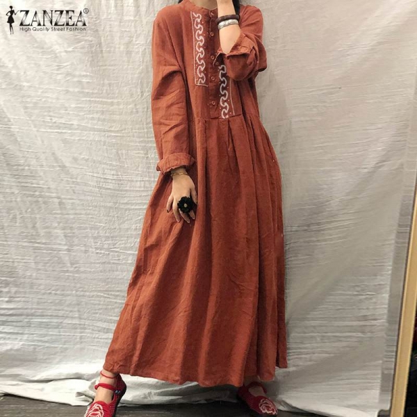 2020 ZANZEA Autumn Long Sleeve Sundress Women Casual Cotton Linen Kaftan Vintage Embroidery Work Long Shirt Dress Female Robe 1 Cotton Linen Kaftan Classic Embroidery Work Lengthy Shirt