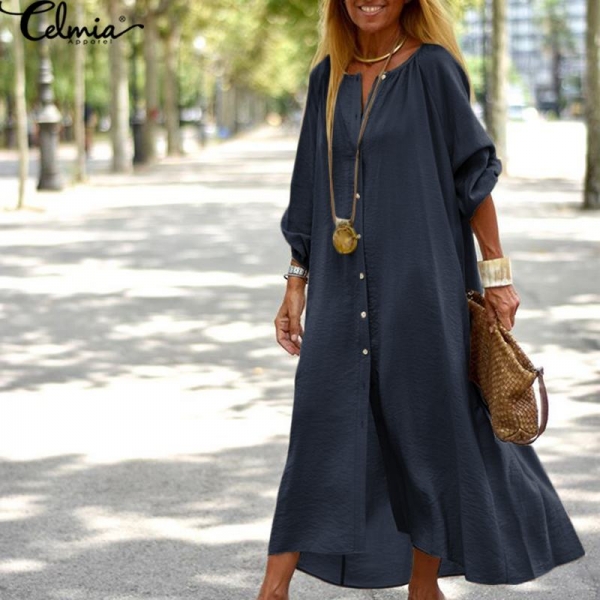 2020 Fashion Women Vintage Midi Dress Kaftan Solid Shirt Vestidos Celmia Autumn Lantern Sleeve Casual Loose Party Work Dress 5XL 2 Celmia Vintage Lantern Sleeve Midi Dress โ Perfect for Work, Parties, and Everyday Style! ๐