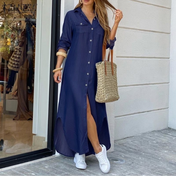 ZANZEA Women Long Maxi Dress Casual Solid Buttons Down Long Shirts Vestidos Cotton Linen Sundress Lapel Neck Party Beach Dresses Ladies Lengthy Maxi Gown Informal Strong Buttons