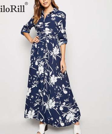 Floral Print Lengthy Ladies Gown Classic Buttons Shirt