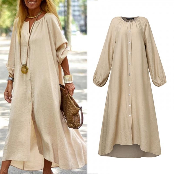 Fashion Women Vintage Midi Dress Kaftan Solid Shirt Vestidos Celmia Autumn Lantern Sleeve Casual Loose Party Work Dress 5XL Elegant Celmia vintage midi dress with lantern sleeves in a loose fit, perfect for casual and professional occasions.ย