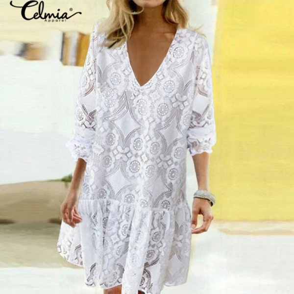 2020 Bohemian Lace Women Summer Dress Celmia Fashion Vintagr Sundress Female Casual V Neck Mini Vestidos Party Shirt Robe S-5XL 1 Embrace Boho Chic: Bohemian Lace Summer Dress – Celmia Vintage Sundress
