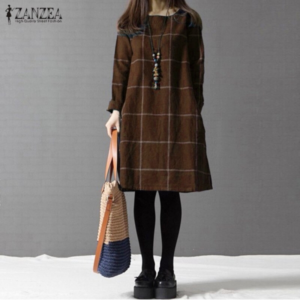 Winter Dress ZANZEA Fashion Plaid Women Long Sleeve Cotton Linen Dresses Casual Shirt Knee-length Vestidos Robe Mujer Plus Size Winter Gown ZANZEA Trend Plaid Girls Lengthy Sleeve Cotton Linen