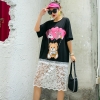 Loose Ladies Cartoon Dress with Beading - Black and White