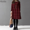 ZANZEA Plaid Cotton Linen Winter Dress – Stylish Long Sleeve Knee-Length Gown for Women