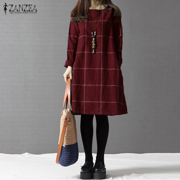 Winter Dress ZANZEA Fashion Plaid Women Long Sleeve Cotton Linen Dresses Casual Shirt Knee-length Vestidos Robe Mujer Plus Size 3 ZANZEA Plaid Cotton Linen Winter Dress – Stylish Long Sleeve Knee-Length Gown for Women