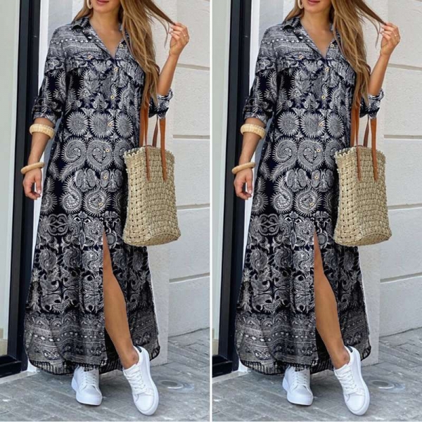 VONDA Women Dress 2020 Summer Vintage Printed Lapel Neck Party Maxi Dress Casual Long Sleeve Shirt Dresses Bohemian Vestidos 5XL 1 VONDA Girls Gown Summer season Classic Printed Lape