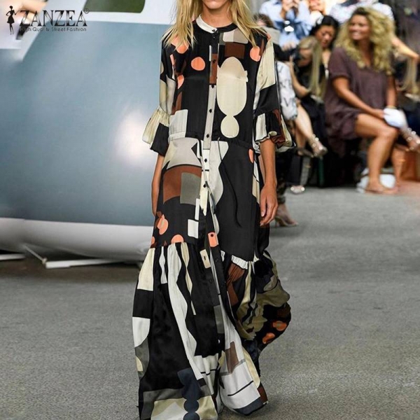ZANZEA Summer Fashion Printed Party Shirt Dress Short Flare Sleeve Sundress Women Casual Lace-Up Bohemian Long Vestidos Female Summer season Style Printed Occasion Shirt Gown Quick Flare