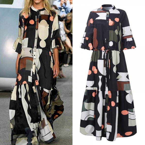 ZANZEA Summer Fashion Printed Party Shirt Dress Short Flare Sleeve Sundress Women Casual Lace-Up Bohemian Long Vestidos Female 2 Summer season Style Printed Occasion Shirt Gown Quick Flare