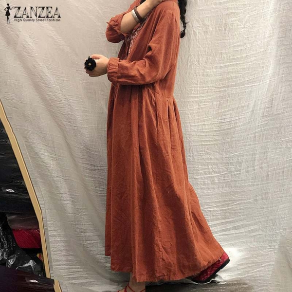 2020 ZANZEA Autumn Long Sleeve Sundress Women Casual Cotton Linen Kaftan Vintage Embroidery Work Long Shirt Dress Female Robe 2 Cotton Linen Kaftan Classic Embroidery Work Lengthy Shirt