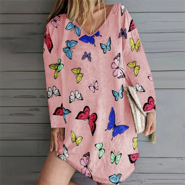 Women Fashion Casual Dress Spring Summer Butterfly Print Loose Dress Mini Dress Long Sleeve T Shirt Dress Vestido Women Clothing 1 Mattswag Ladies’ Butterfly Print Summer Mini Dress – Stylish, Comfortable & Perfect for Warm Days