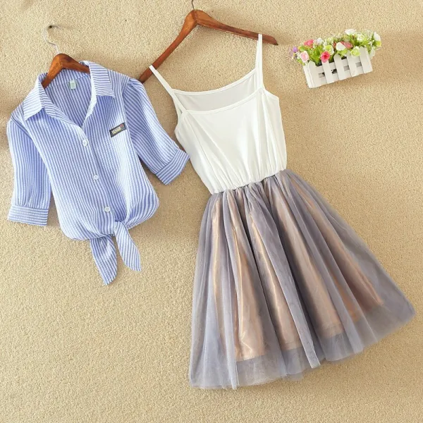 Women's Dress Shirts Strap Dress Striped Printed Ball Gown Dresses Female Students College Casual Summer Dress Vestidos L8044 Ladies's Costume Shirts Strap Costume Striped Printed Ball Robe