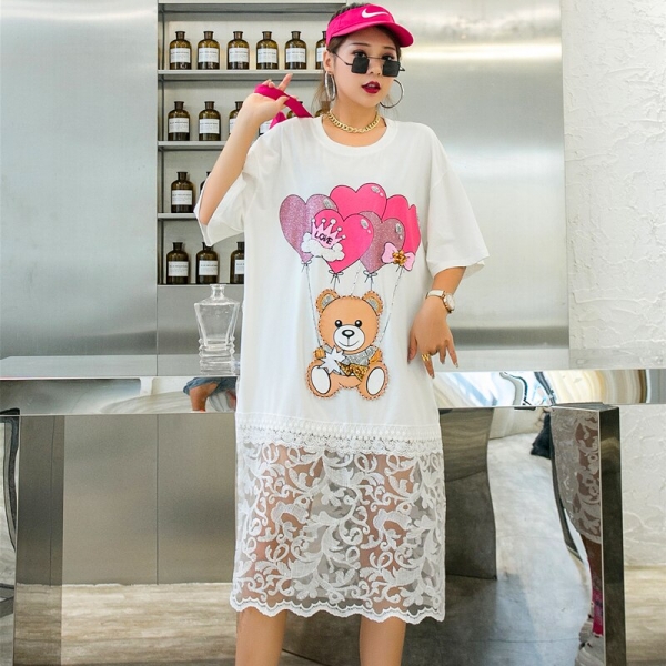 QING MO Loose Women Cartoon Dress With Beading Women Mesh Patchwork Dress Female Summer T Shirt Dress Black White ZQY4364 3 Loose Ladies Cartoon Dress with Beading - Black and White