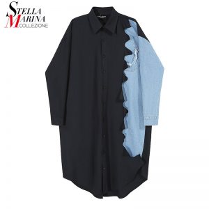 Autumn Black Shirt Gown Denim Patchwork Plus