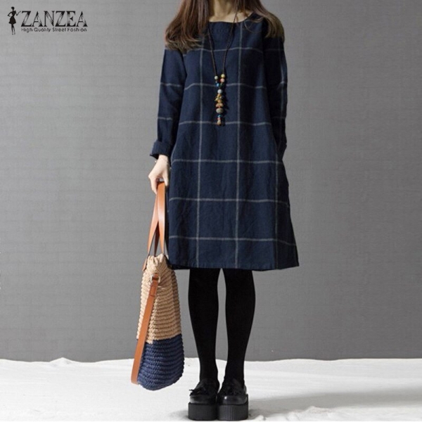 Winter Dress ZANZEA Fashion Plaid Women Long Sleeve Cotton Linen Dresses Casual Shirt Knee-length Vestidos Robe Mujer Plus Size 1 ZANZEA Plaid Cotton Linen Winter Dress – Stylish Long Sleeve Knee-Length Gown for Women