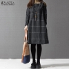 ZANZEA Plaid Cotton Linen Winter Dress – Stylish Long Sleeve Knee-Length Gown for Women