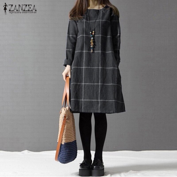 Winter Dress ZANZEA Fashion Plaid Women Long Sleeve Cotton Linen Dresses Casual Shirt Knee-length Vestidos Robe Mujer Plus Size 2 ZANZEA Plaid Cotton Linen Winter Dress – Stylish Long Sleeve Knee-Length Gown for Women