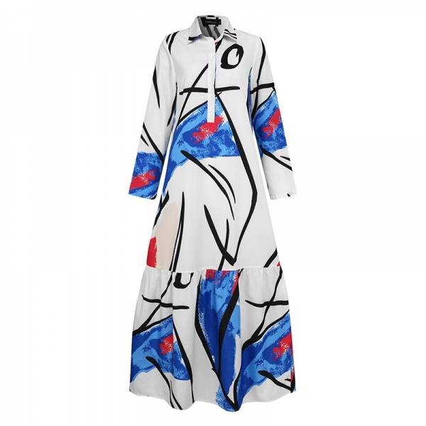 Ladies Graffiti Printed Gown Kaftan Lapel Shirt