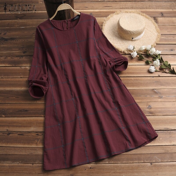 Winter Dress ZANZEA Fashion Plaid Women Long Sleeve Cotton Linen Dresses Casual Shirt Knee-length Vestidos Robe Mujer Plus Size 4 ZANZEA Plaid Cotton Linen Winter Dress – Stylish Long Sleeve Knee-Length Gown for Women