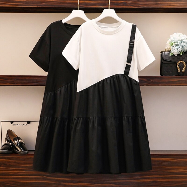 Plus Size Women Casual Dress Summer 2020 Korean Fashion Short Sleeve T Shirt Patchwork Single Strap Loose Ruffle Dresses 5XL 1 5XL Plus Girls Informal Gown Summer time Korean Vogue