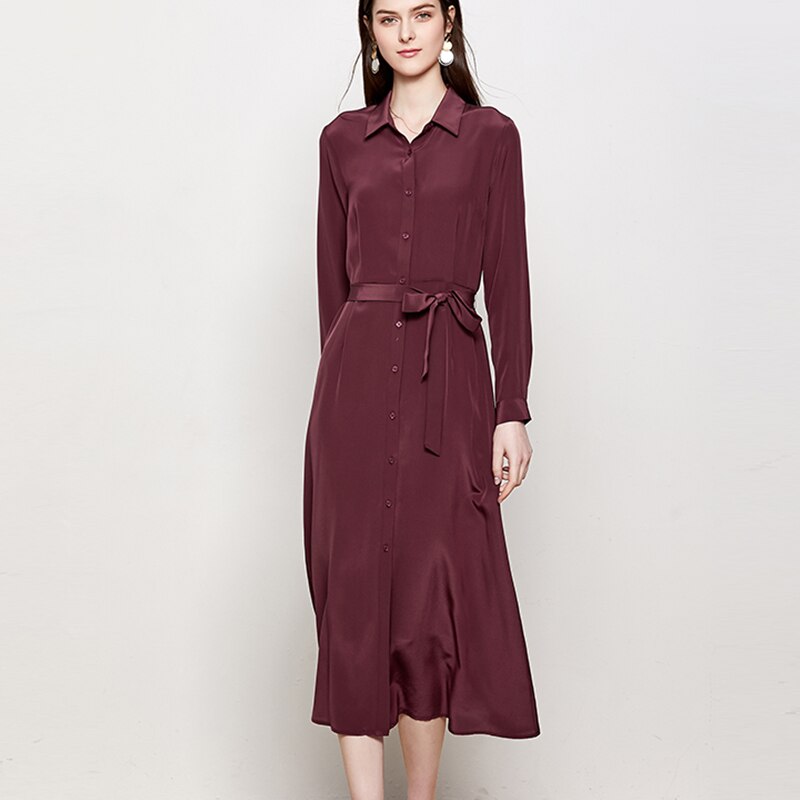 SuyaDream Woman Solid Long Silk Dress 100%Silk Elegant Sash Office Lady Shirt Dress Women 2020 Summer Work Blouse Dresses 2 Silk Elegant Sash Workplace Girl Shirt Costume