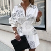 Trendy Ladies Letter Printed Shirt Dress – Autumn Celebration, Slim Waist, Button Detail, Flip-Down Collar Mini Dress