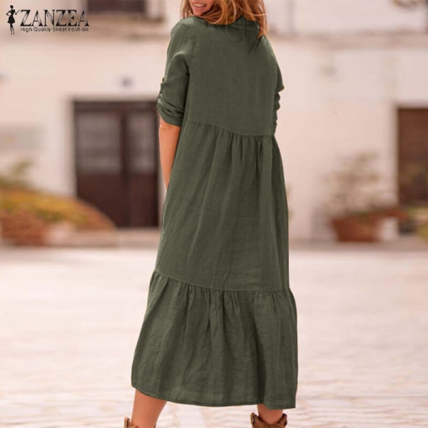 ZANZEA Women Lapel Neck Cotton Linen Dress Autumn Casual Solid Work OL Sundress Robe Femme Long Sleeve Shirt Vestido Ladies 5XL 1 Ladies Lapel Neck Cotton Linen Costume Autumn