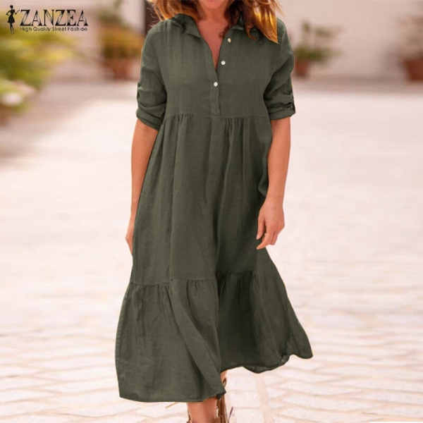 ZANZEA Women Lapel Neck Cotton Linen Dress Autumn Casual Solid Work OL Sundress Robe Femme Long Sleeve Shirt Vestido Ladies 5XL Ladies Lapel Neck Cotton Linen Costume Autumn