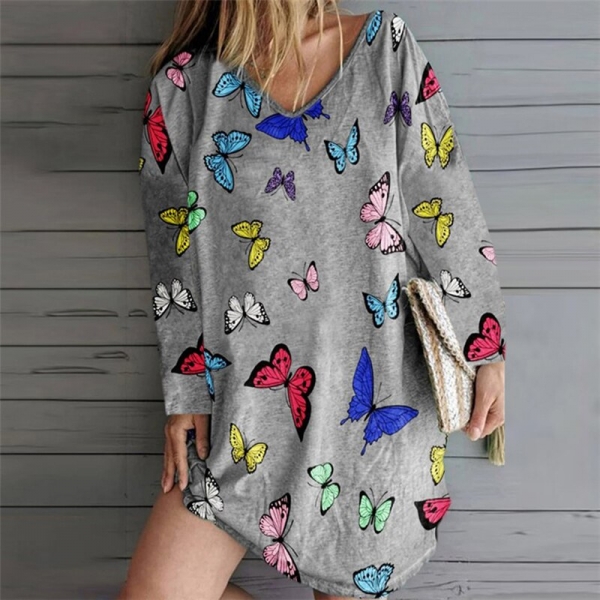 Women Fashion Casual Dress Spring Summer Butterfly Print Loose Dress Mini Dress Long Sleeve T Shirt Dress Vestido Women Clothing A comfortable, stylish Mattswag Ladies’ Butterfly Print Mini Dress, featuring a loose fit, V-neckline, and long sleeves, perfect for casual summer outings.