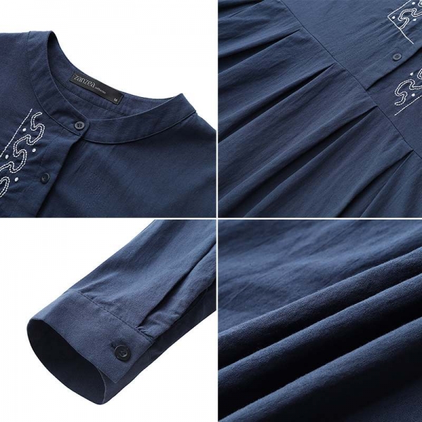 2020 ZANZEA Autumn Long Sleeve Sundress Women Casual Cotton Linen Kaftan Vintage Embroidery Work Long Shirt Dress Female Robe 4 Cotton Linen Kaftan Classic Embroidery Work Lengthy Shirt
