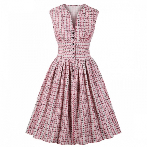 Printing Shirt Costume Ladies Elegant V-Neck Knee-Size Vintage Sleeveless Pleated Printing Shirt Dress